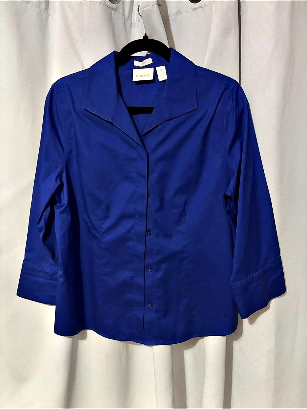 Chico's No-Iron Cotton Shirt Blue Button Down Size 1